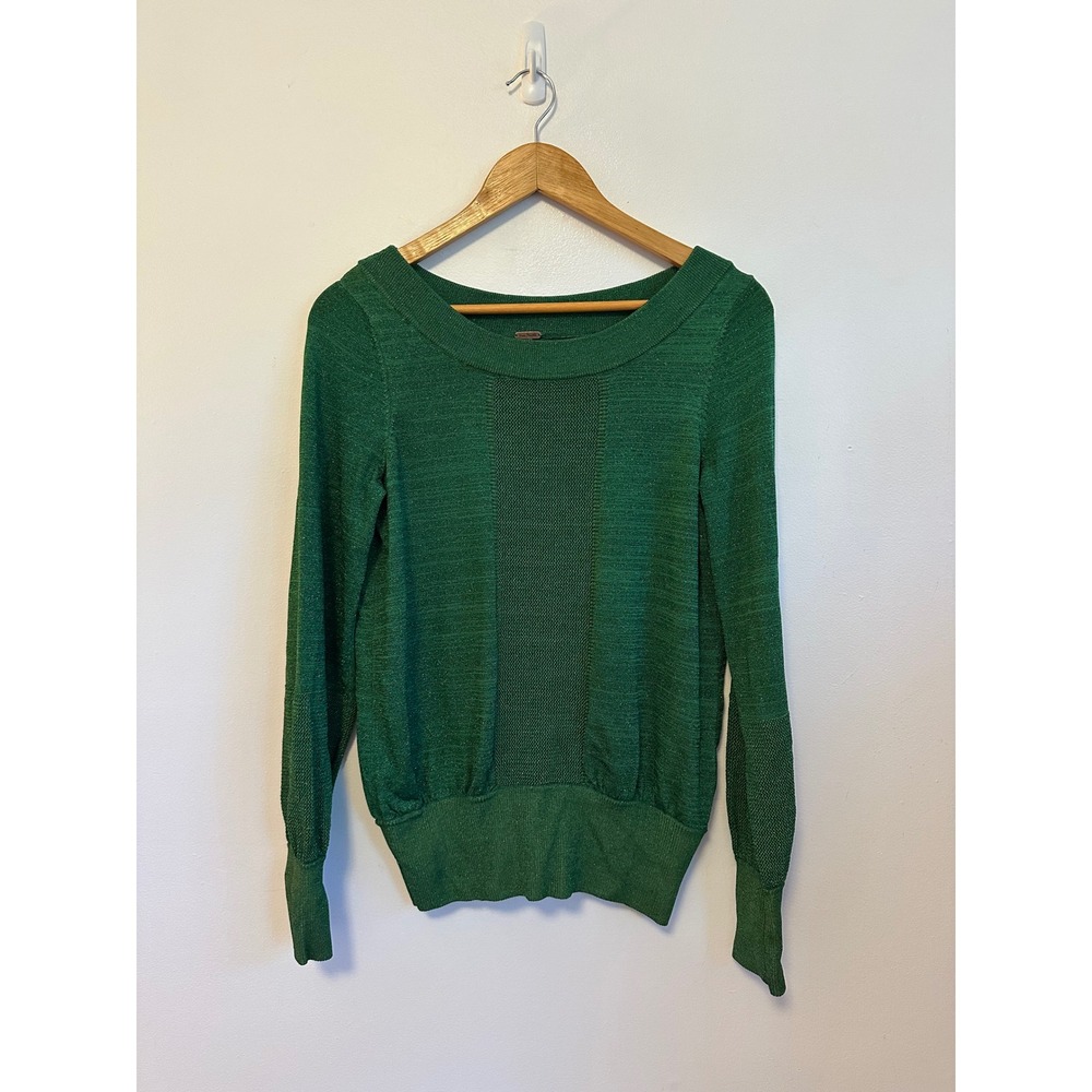 Free People Emerald Green Metallic Shimmer Knit Scoop Neck Sweater | Size Medium